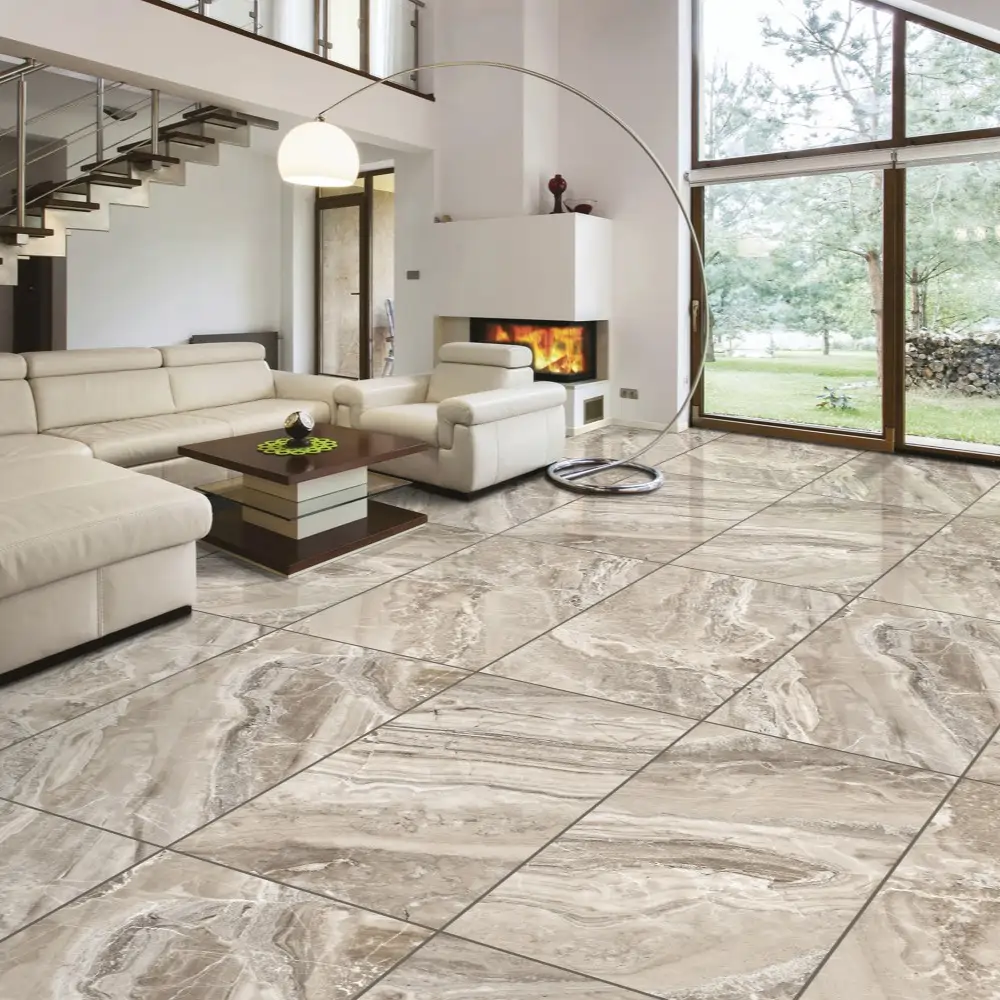 Large-format beige marble-look porcelain floor tile in a bright modern living room